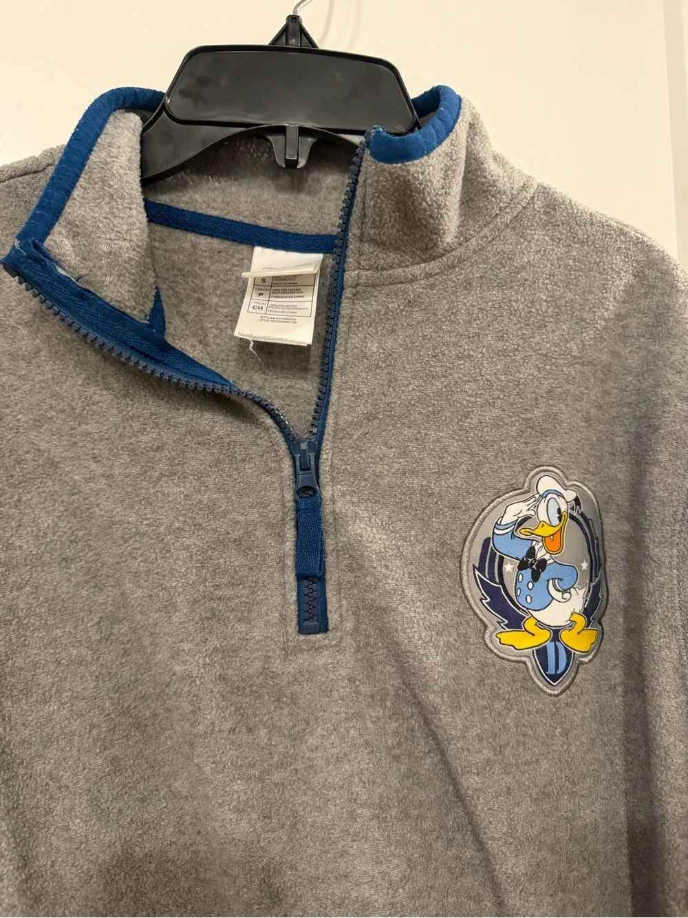 Disney Men's Gray Quarter-Zip Pullover with Blue Trim and Duck Patch